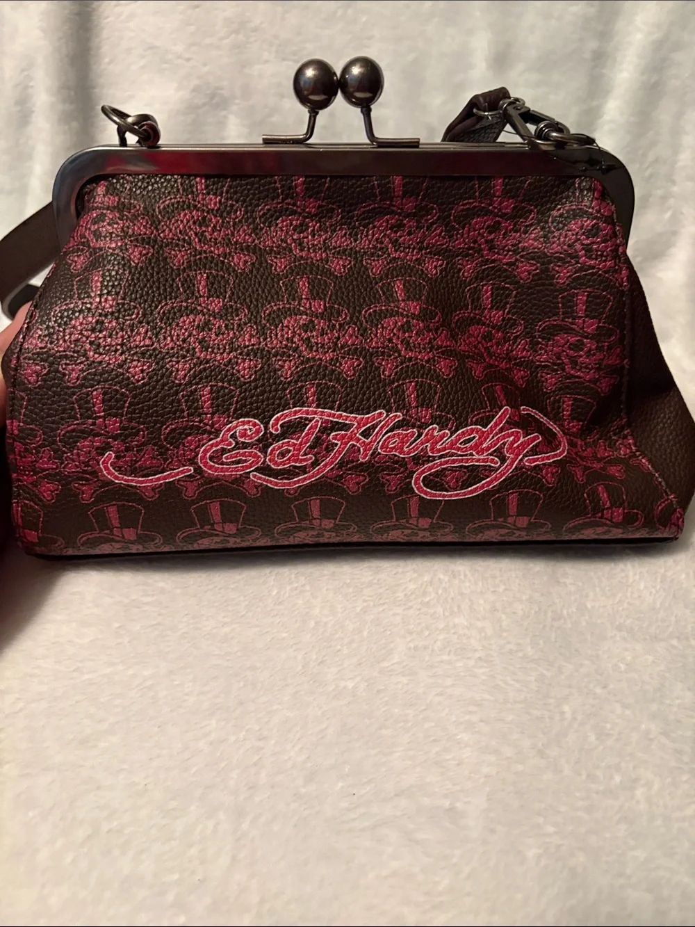 Ed Hardy Burgundy Red Tiger Embroidered Frame Clutch